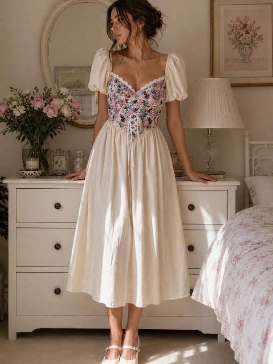 Dresses & Skirts - Cottagecore Floral Corset Puff Sleeve Midi Dress 2XL#prairie#coquette#plussize
